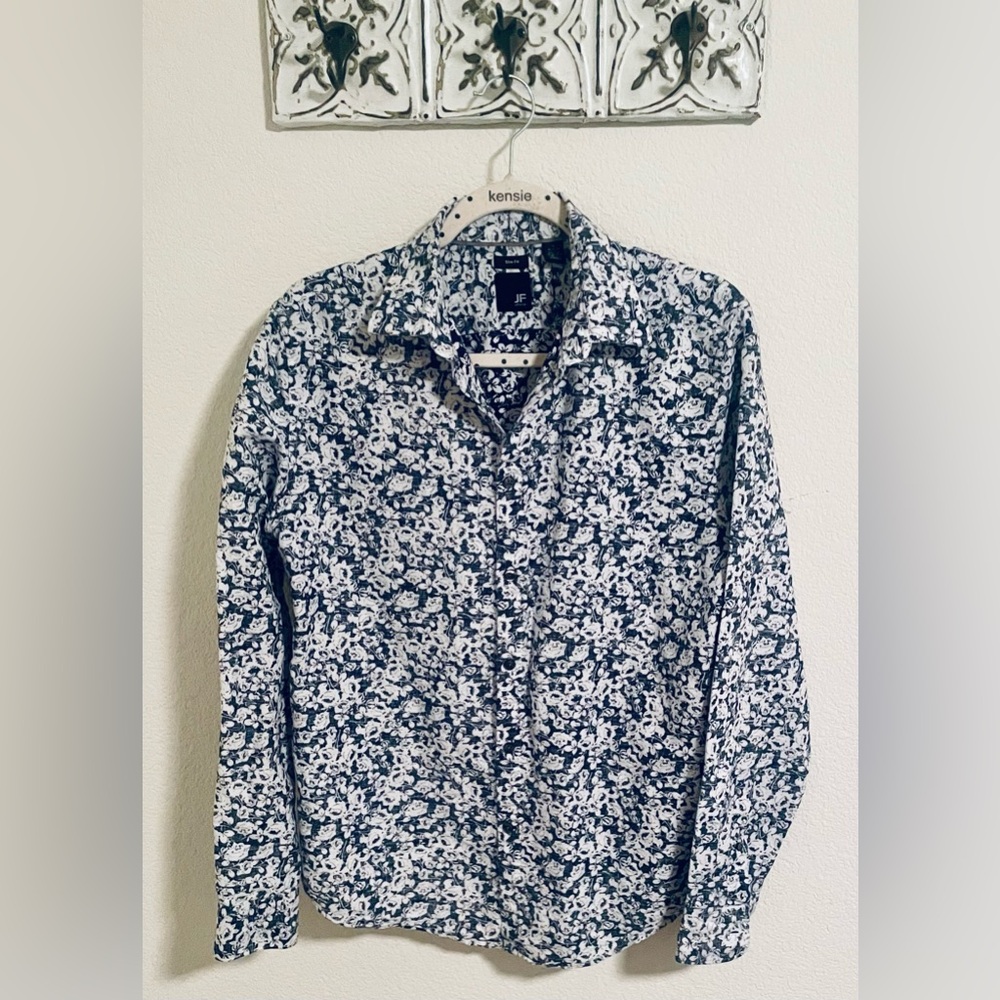 JF J.Ferrar Floral Button Down Navy/White Botanical Trendy Mod Chic Slim - M